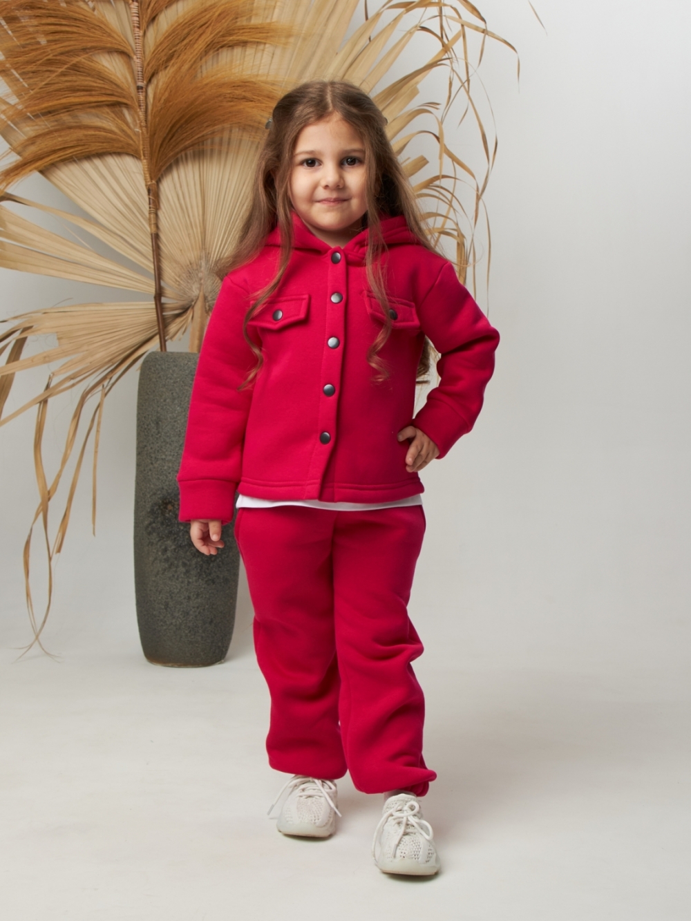 333. Костюм детский (Брюки+Толстовка) на кнопках, фуксия, хлопок 65%, 35% ПЭ, 3-х нитка с  начесом 122,128,134,140