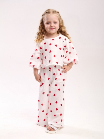 329-КС. Костюм детский Палаццо, красное сердце, хлопок 100%  муслин, размеры 98,104,110,116